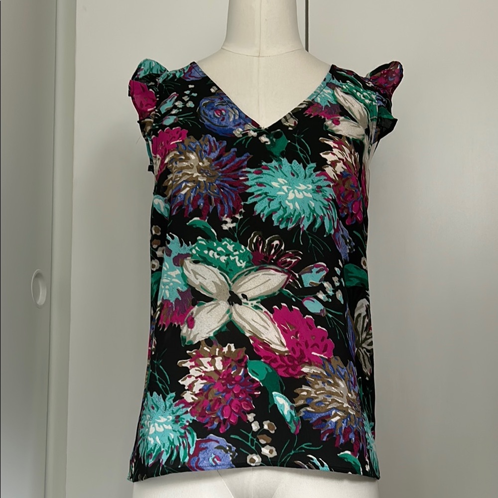 J. Crew Floral V-Neck Blouse with Ruffle Detail